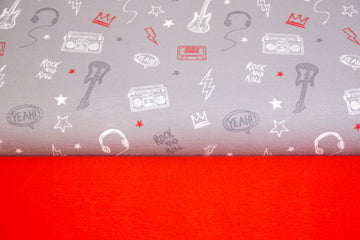 Stoffpaket French Terry + Bündchen Rock and Roll, hellgrau, rot